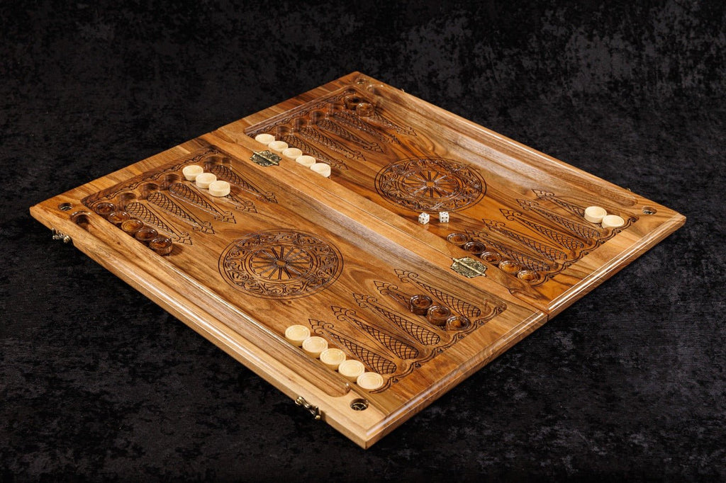 Solid walnut luxury chess and backgammon set with ornamental braid border, blue epoxy squares and gold-accented pieces