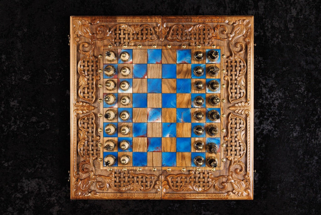 Luxury Wooden Chess Set & Backgammon With Ornament & Epoxy 60 cm | 23.6" - Unumperfectus