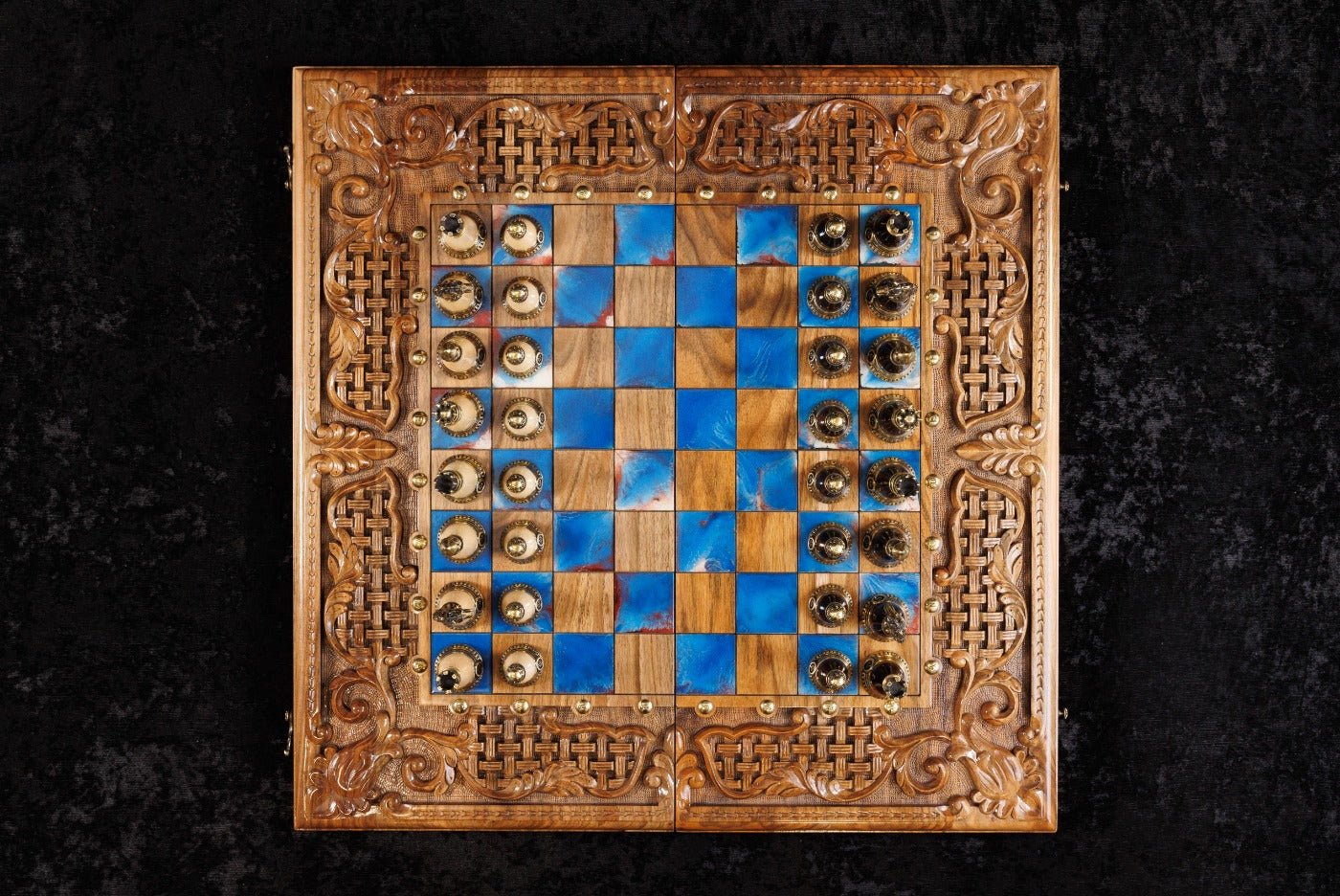 Luxury Wooden Chess Set & Backgammon With Ornament & Epoxy 60 cm | 23.6" - Unumperfectus