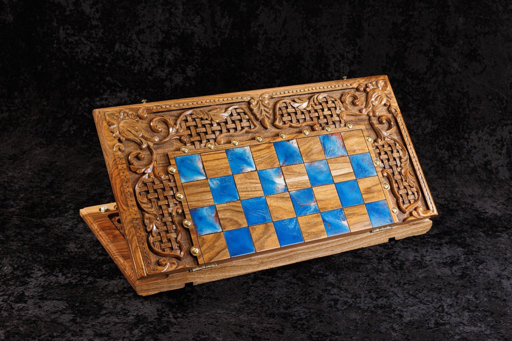 Luxury Wooden Chess Set & Backgammon With Ornament & Epoxy 60 cm | 23.6" - Unumperfectus