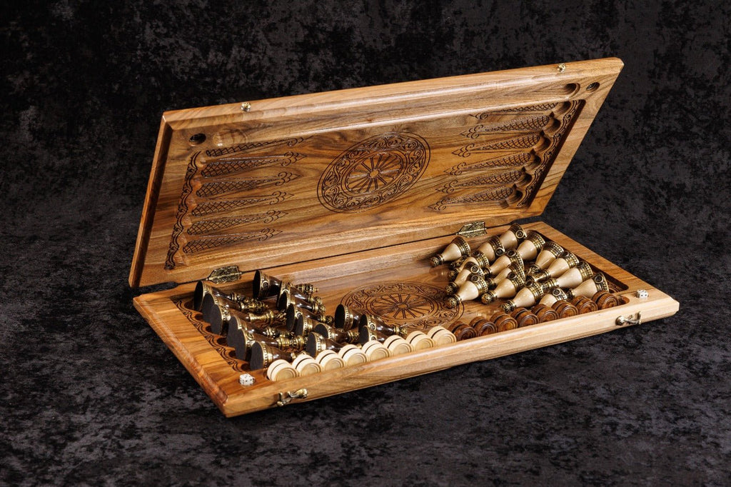 Luxury Wooden Chess Set & Backgammon With Ornament & Epoxy 60 cm | 23.6" - Unumperfectus