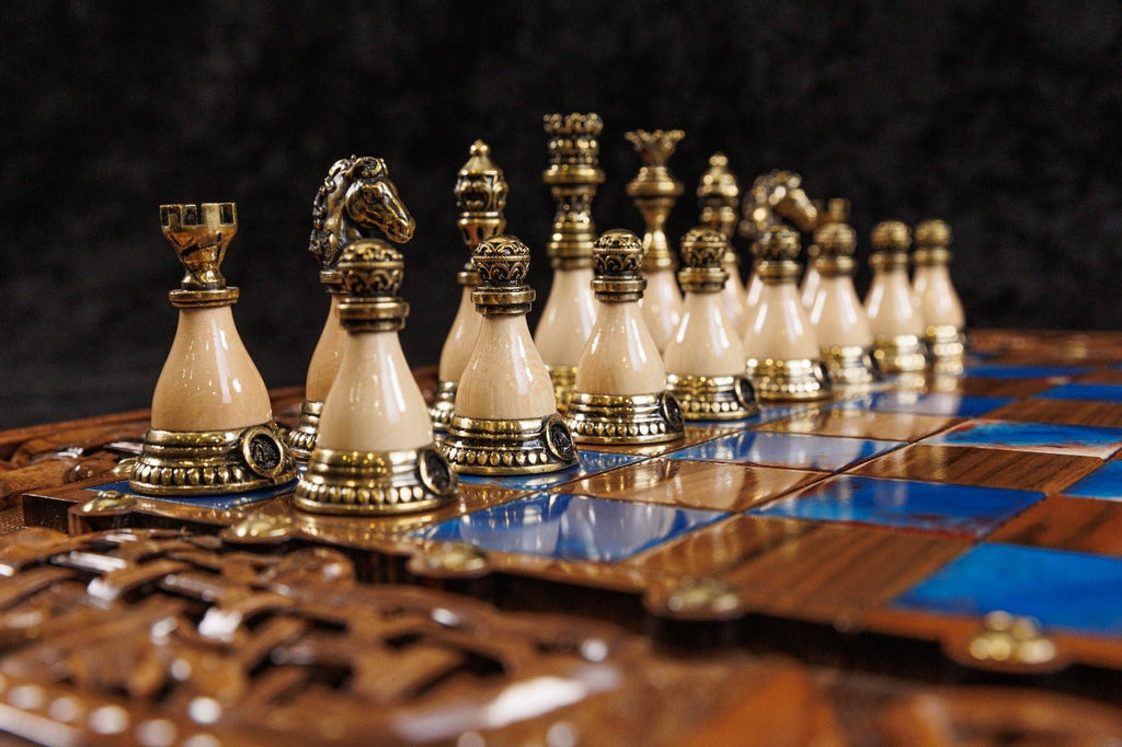 Luxury Wooden Chess Set & Backgammon With Ornament & Epoxy 60 cm | 23.6" - Unumperfectus