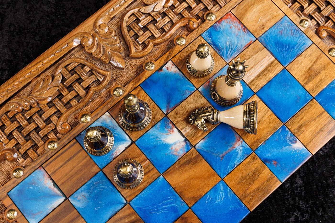 Luxury Wooden Chess Set & Backgammon With Ornament & Epoxy 60 cm | 23.6" - Unumperfectus