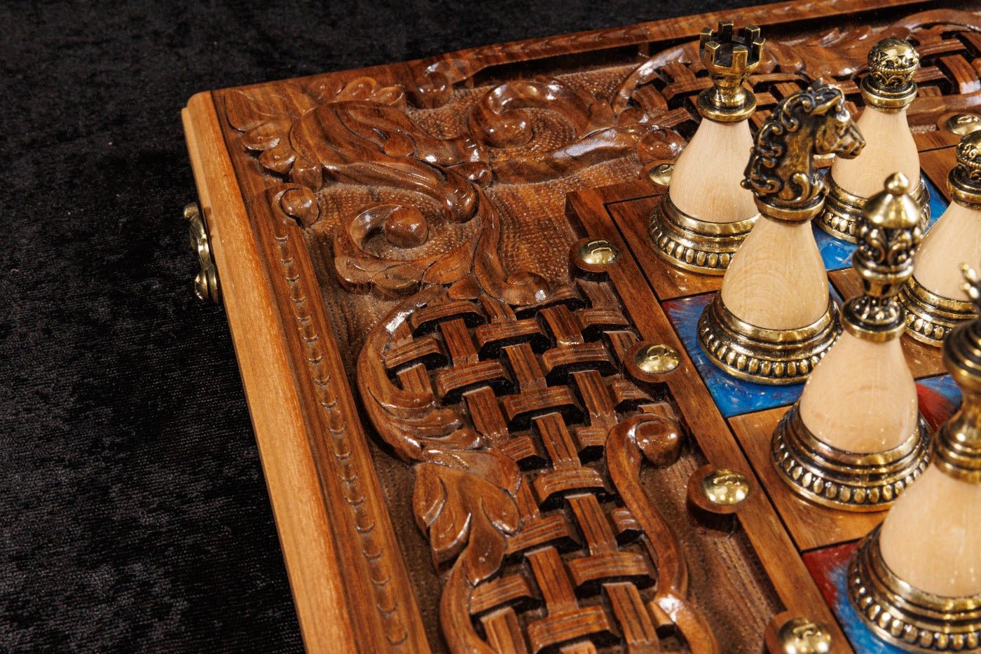 Luxury Wooden Chess Set & Backgammon With Ornament & Epoxy 60 cm | 23.6" - Unumperfectus