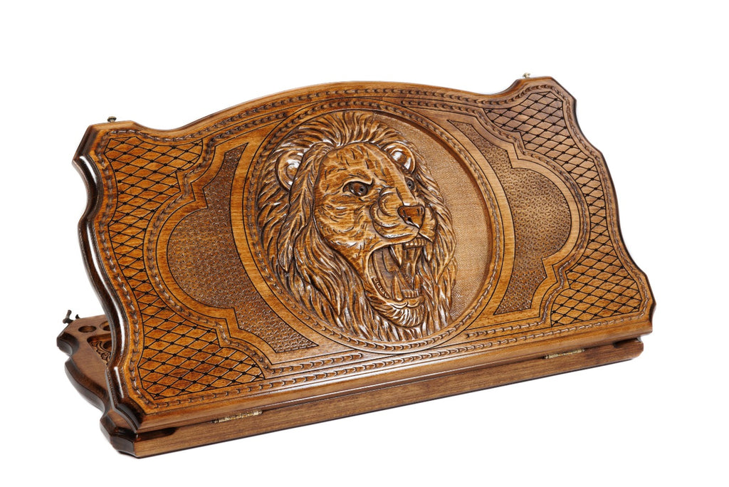 A frontal shot of the closed Lion backgammon board featuring a detailed lion carving inside the copyrighted Mount Ararat outline.