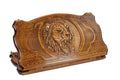 A frontal shot of the closed Lion backgammon board featuring a detailed lion carving inside the copyrighted Mount Ararat outline.