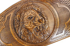The interior view of the open Hrachya Ohanyan lion set highlighting the smooth wood grain and professional-grade playing surface.