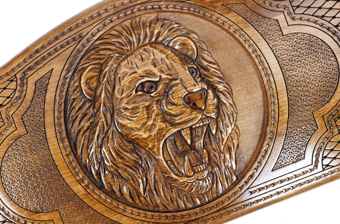 The interior view of the open Hrachya Ohanyan lion set highlighting the smooth wood grain and professional-grade playing surface.