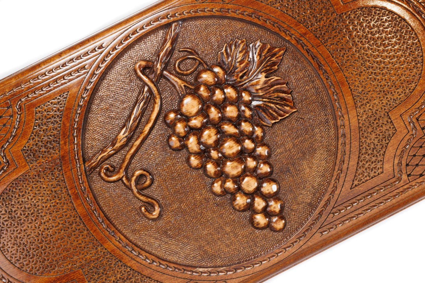 The interior of the open wooden backgammon board highlighting the rich grain and professional-grade playing surface.