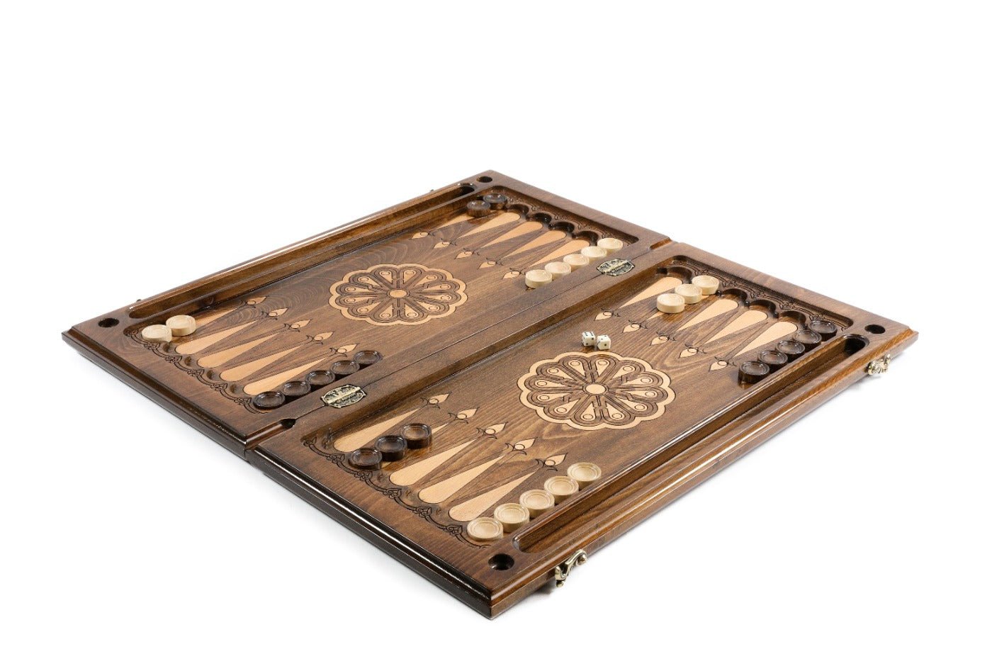 Wooden backgammon board with symbolic eagle design and handcrafted finish