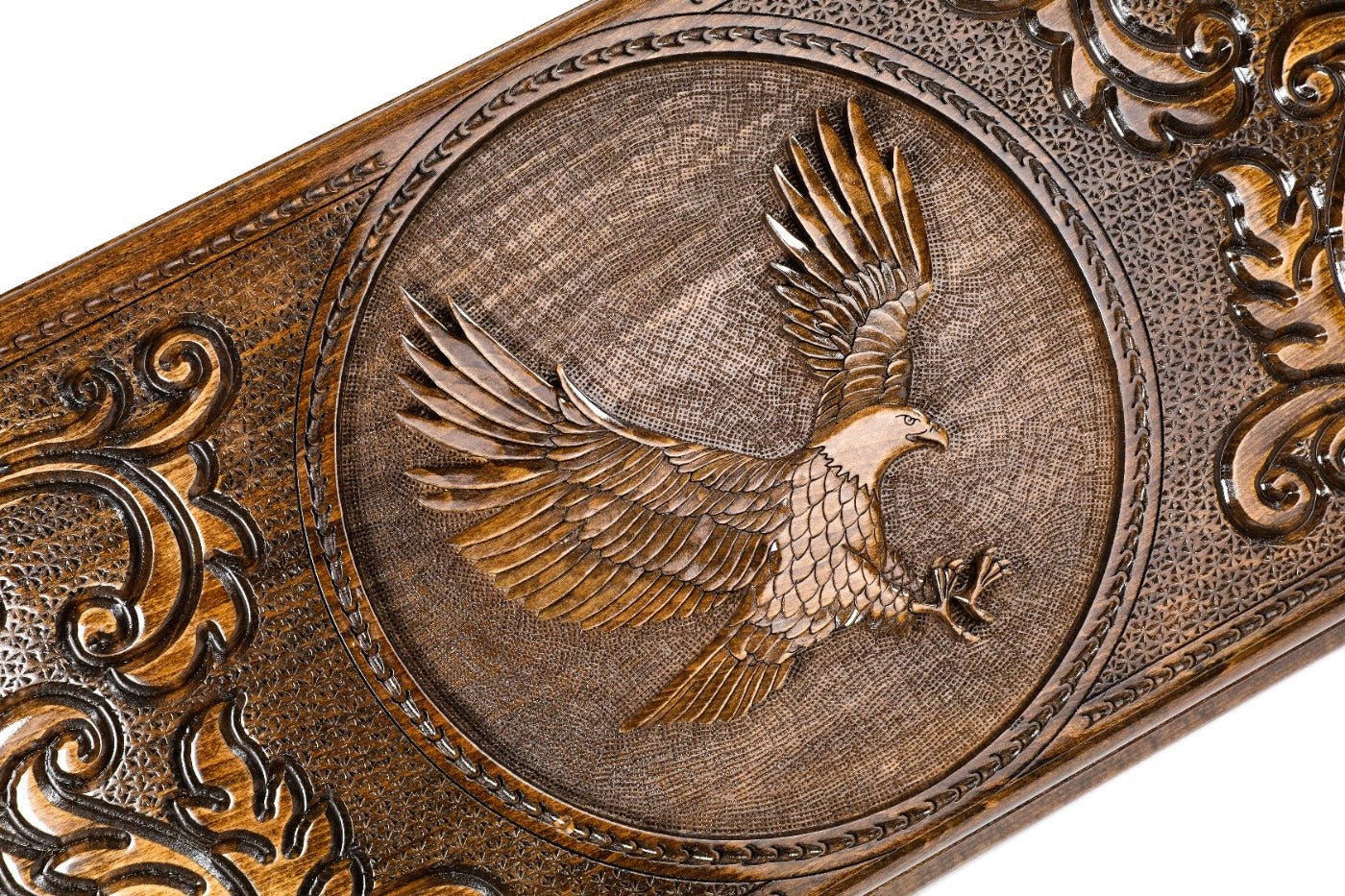 Large wooden backgammon set with carved eagle motif detailing