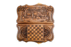 Rural Scene Inlay Mount Ararat backgammon board - playing pieces and dice arranged on the board