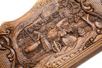 Frontal view of the pastoral landscape and hand-carved mountain silhouette on the solid wood exterior.