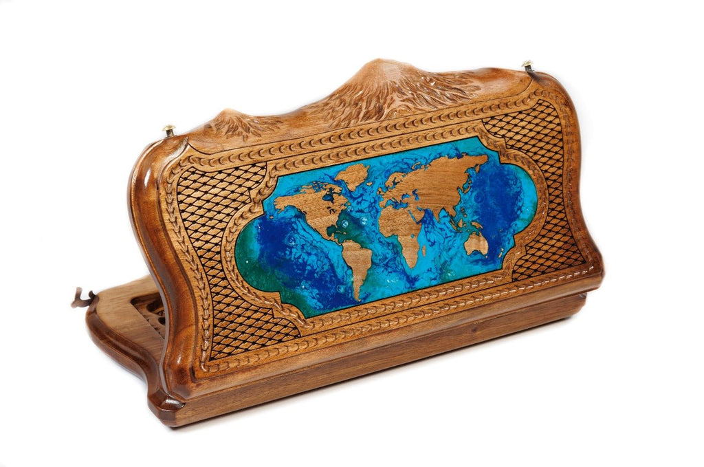 World map epoxy backgammon board with Mount Ararat outline handcrafted design