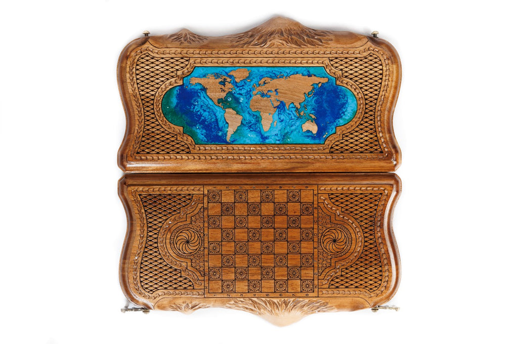 Backgammon Board - World Map Epoxy With Mount Ararat - Unumperfectus