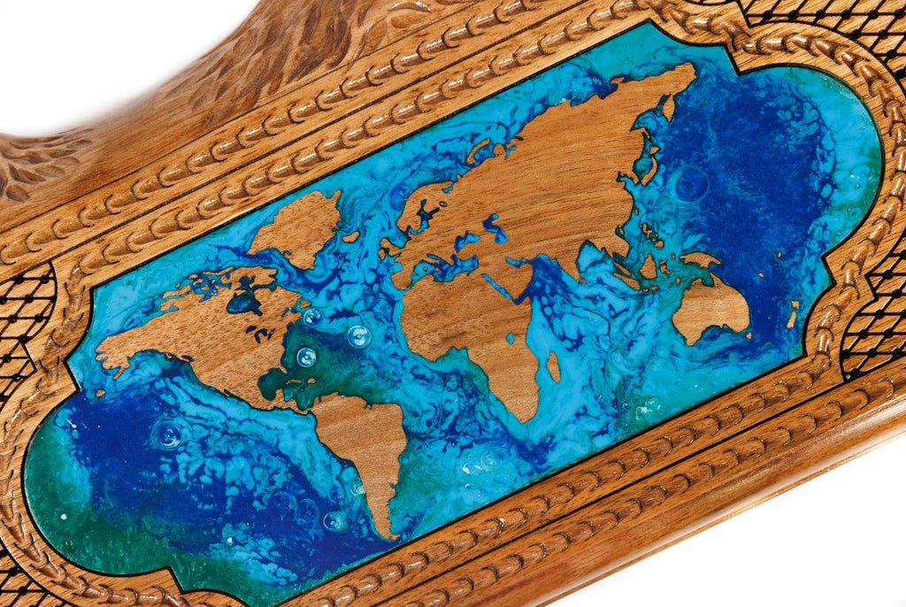 Luxury wooden backgammon board world map with artistic Mount Ararat detail
