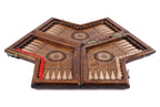 Three Player backgammon board - playing pieces and dice arranged on the board