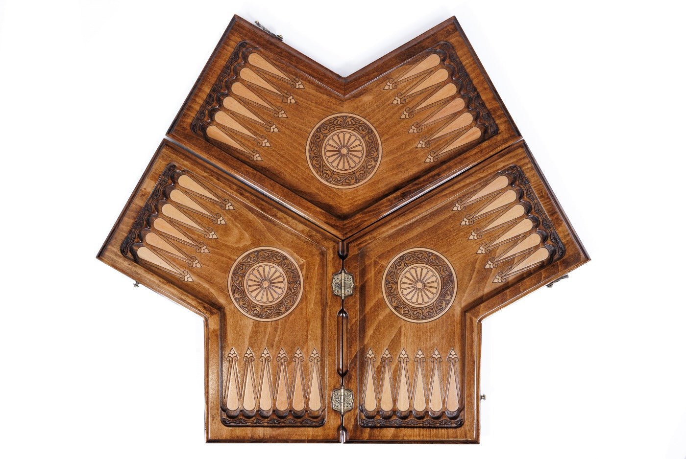 Detail of the hand-carved wood exterior on the unique three-way backgammon set.