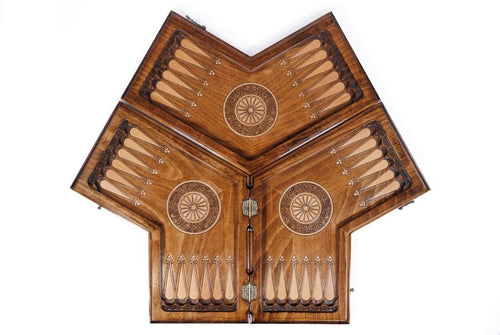 Hand-carved Armenian ornament on the three-player backgammon set - exterior detail