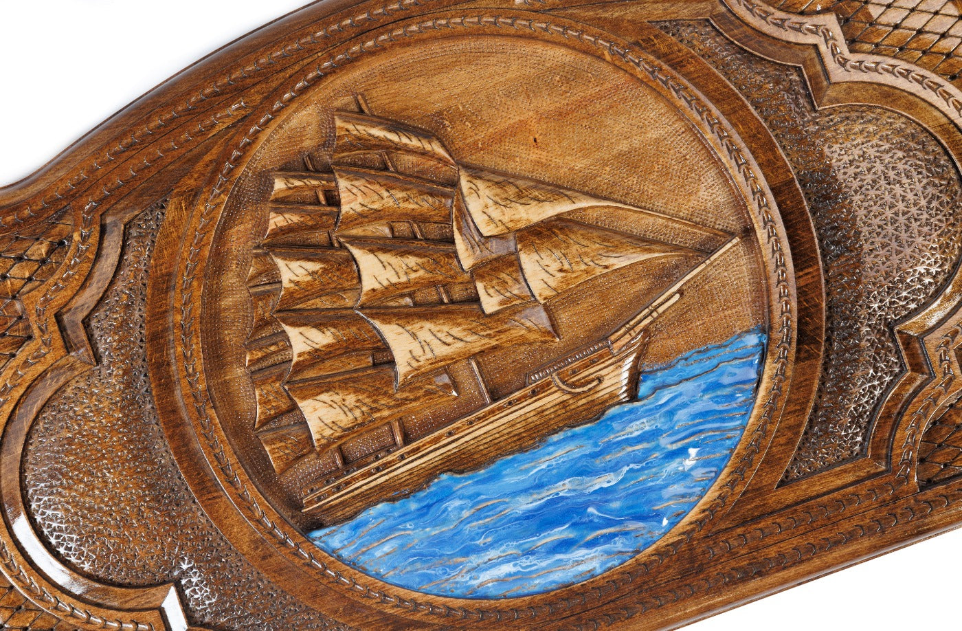 The interior view of the open Hrachya Ohanyan ship set highlighting the smooth wood finish and professional pips.