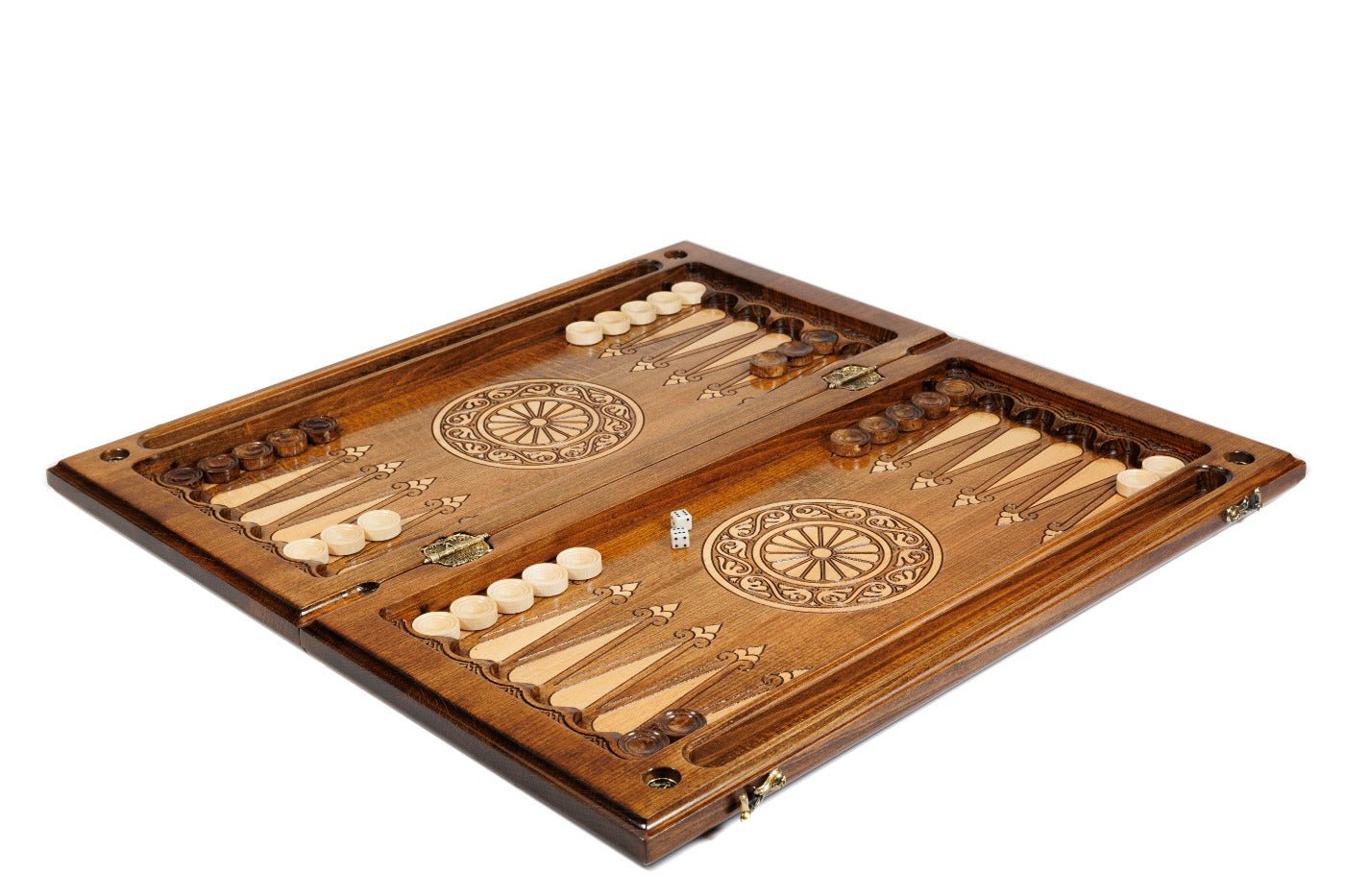 Dark beech wood chess and backgammon set with full-border stippled carving and scalloped inner frame detail