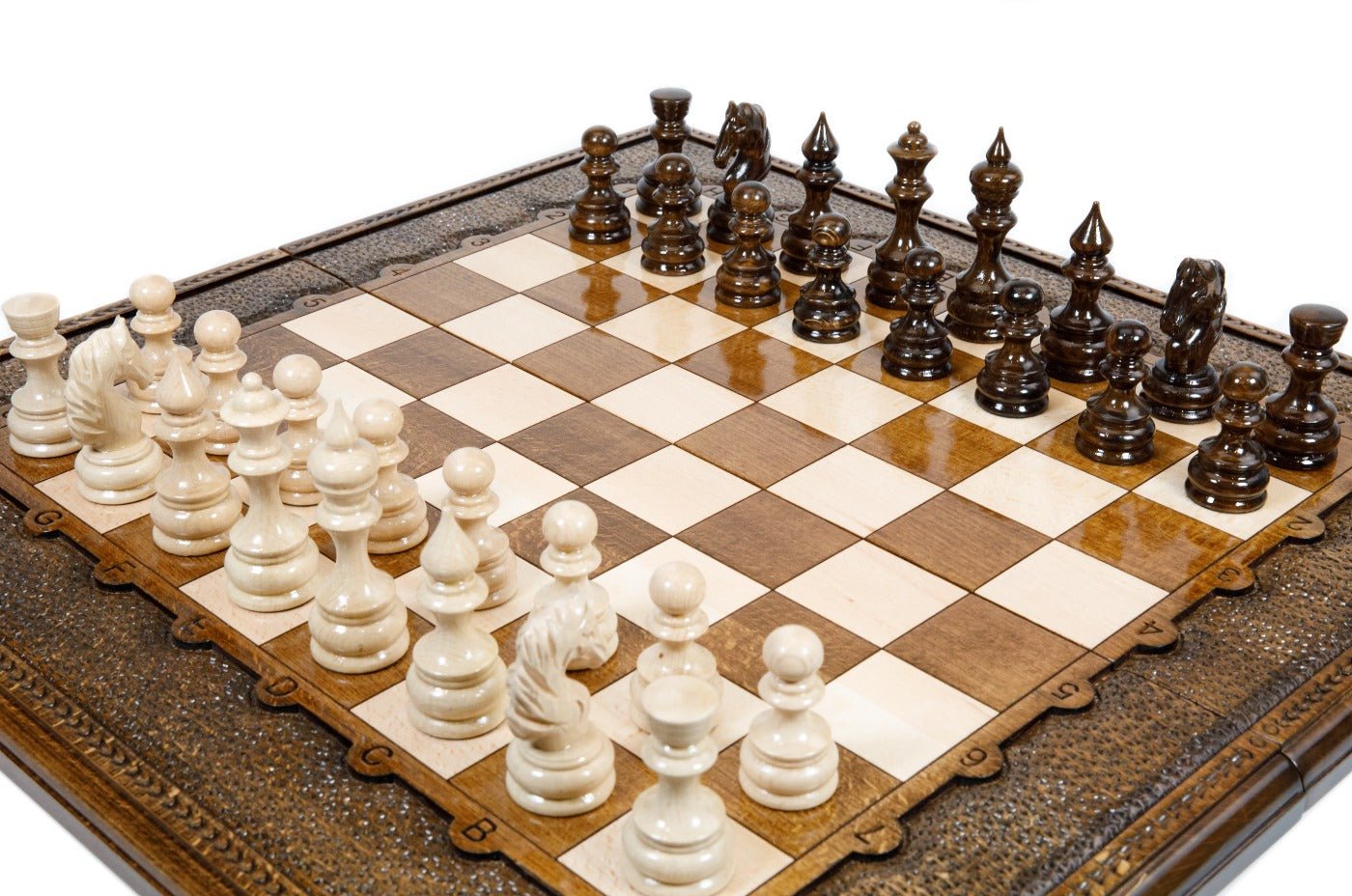 Handcrafted wooden chess board and backgammon set with hand-carved pebbled stipple texture and scalloped frame
