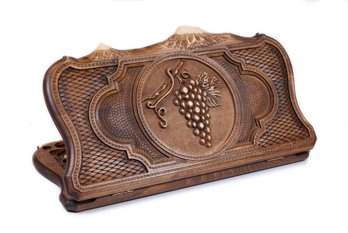 Armenian backgammon set hand carved with a grape cluster in deep relief inside a rope-and-bead round frame under the peaks of Mount Ararat, 23.6 inch / 60 cm, by Hrachya Ohanyan