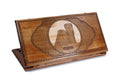 We Are Our Mountains Armenian backgammon set closed, the Artsakh monument on a pale panel in a lattice lid, 23.6 inch / 60 cm