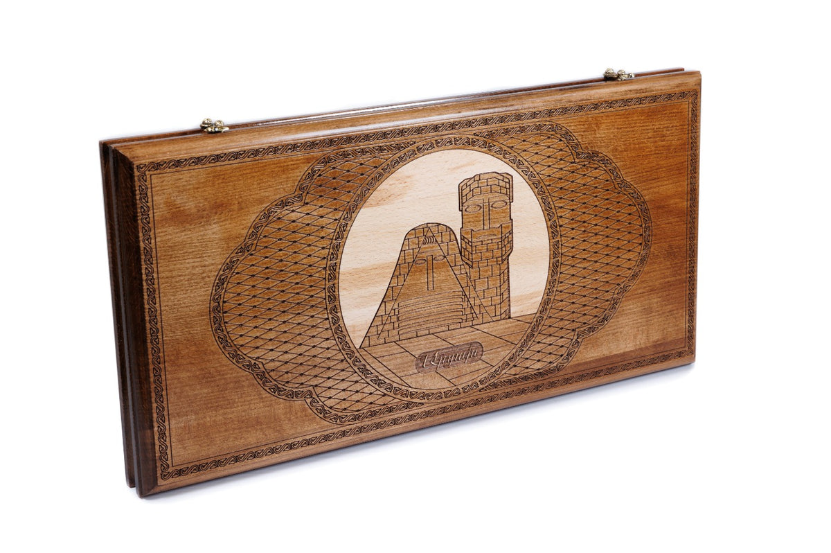 We Are Our Mountains backgammon set closed, front view of the lattice lid with the pale round panel