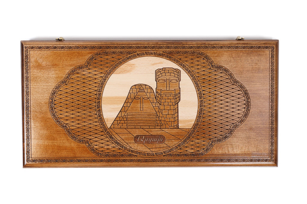 We Are Our Mountains backgammon set closed, seen from the front with the lattice and rope borders