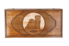We Are Our Mountains backgammon set closed, seen from the front with the lattice and rope borders