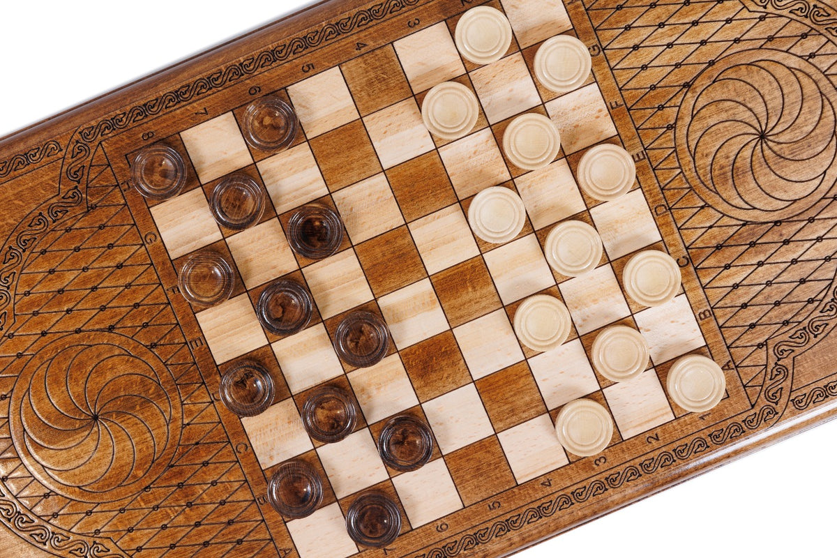 Pale and dark checkers on the chequerboard of the back cover beside an eternity whirl