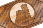 Close-up of Tatik and Papik drawn in line on the pale panel with the word Artsakh in Armenian letters below