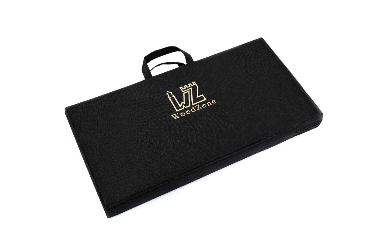 Black carrying bag for the 23.6 inch backgammon set, angled view