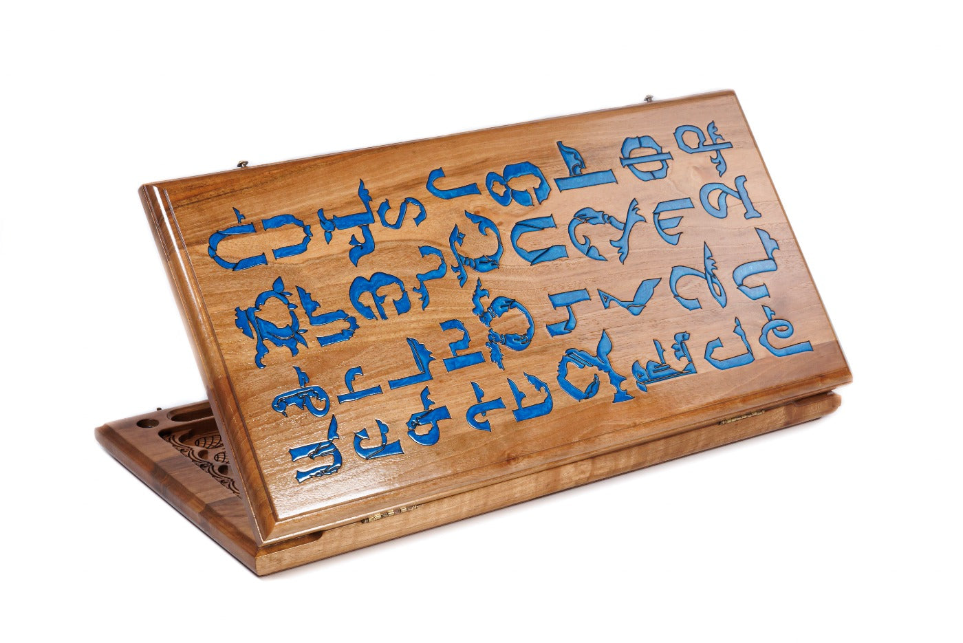 Closed Armenian Alphabet backgammon board featuring glossy epoxy resin and hand-carved letters.
