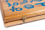 Armenian Alphabet Epoxy Resin Design backgammon board - playing pieces and dice arranged on the board