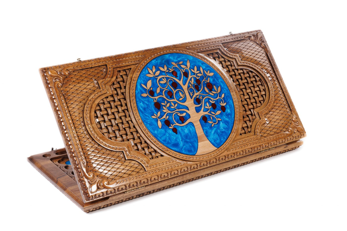 A frontal shot of the closed Pomegranate Tree backgammon board showing the wood relief and the glossy epoxy resin inlay.