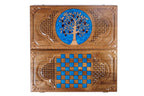 Pomegranate Tree Epoxy Resin backgammon board - playing pieces and dice arranged on the board