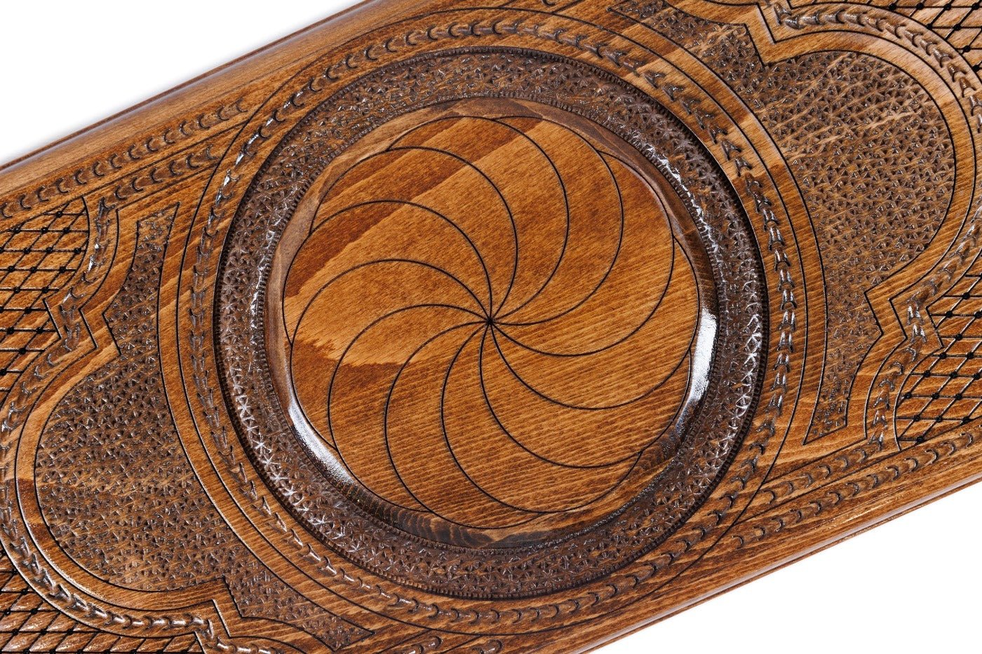 Luxury backgammon board with eternity inspired artistic wooden pattern

