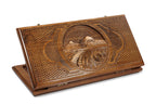 A frontal shot of the closed Mount Ararat classic backgammon board featuring the detailed high-relief mountain carving.
