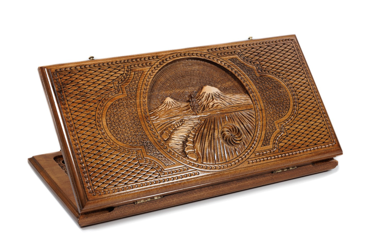 A frontal shot of the closed Mount Ararat classic backgammon board featuring the detailed high-relief mountain carving.
