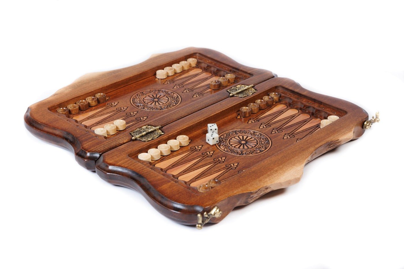 A close-up of the hand-carved eagle and lion symbols on the Ararat-shaped board, showcasing the precision of the solid wood craftsmanship.