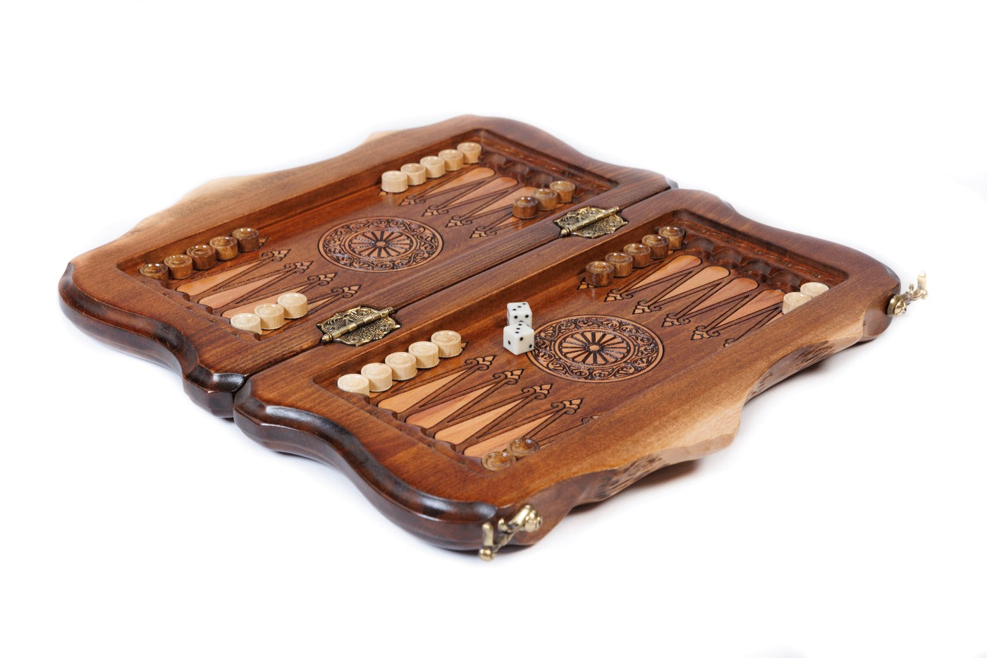 A close-up of the hand-carved eagle and lion symbols on the Ararat-shaped board, showcasing the precision of the solid wood craftsmanship.