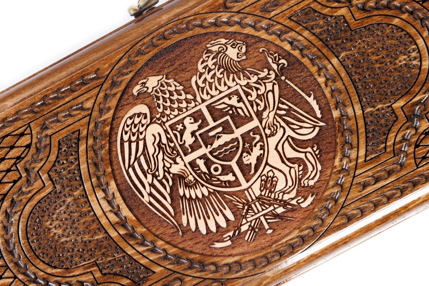 The interior view of the open Hrachya Ohanyan Armenian set highlighting the smooth wood finish and professional pips.
