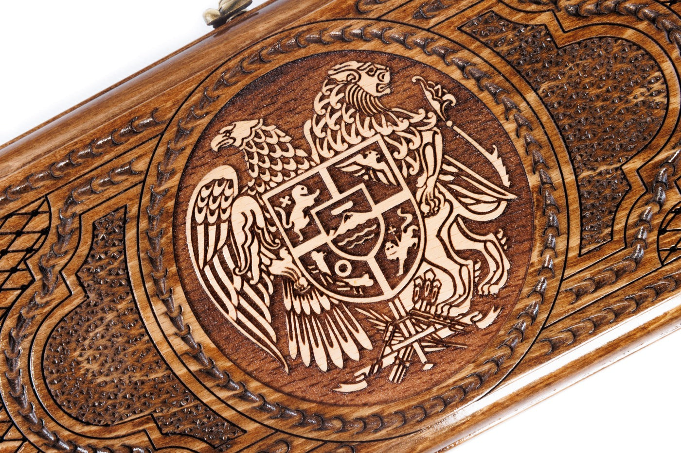 The interior view of the open Hrachya Ohanyan Armenian set highlighting the smooth wood finish and professional pips.
