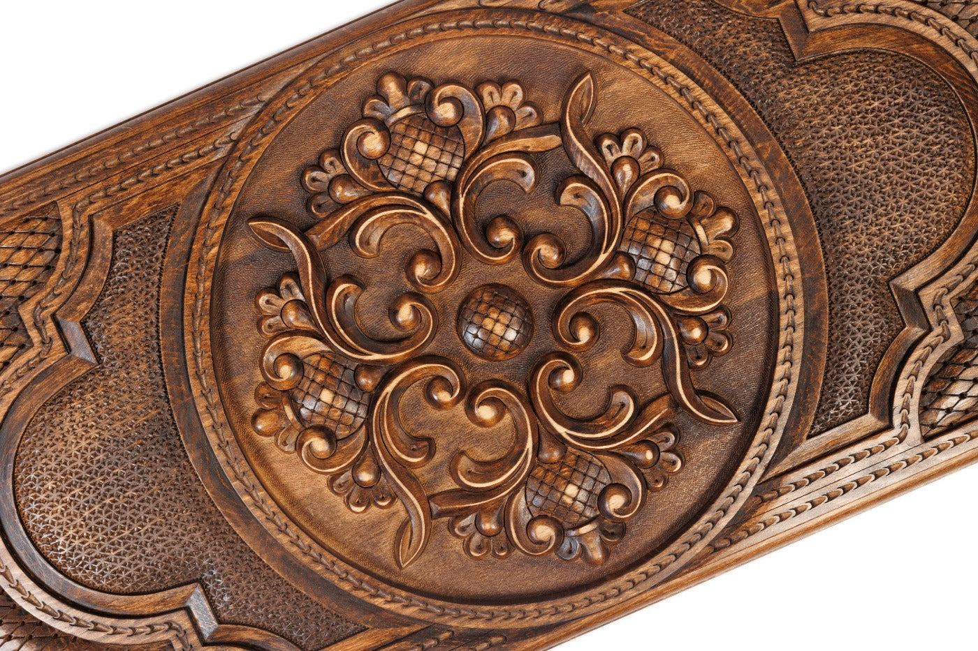 The interior view of the open Hrachya Ohanyan ornamental set highlighting the polished wood finish and precision pips.