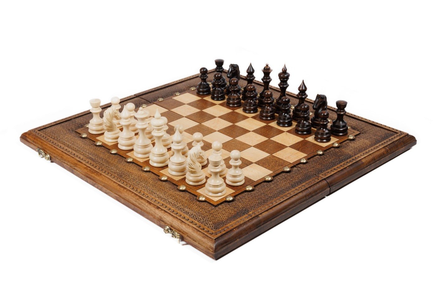 Wooden chess set with stippled border, scalloped inner frame and brass accents in warm beech wood — by Hrachya Ohanyan