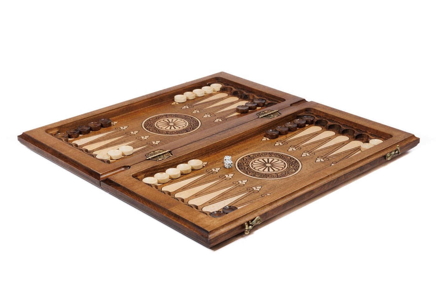 Handcrafted wooden chess board and backgammon set with hand-carved stippled texture, scalloped frame and brass studs