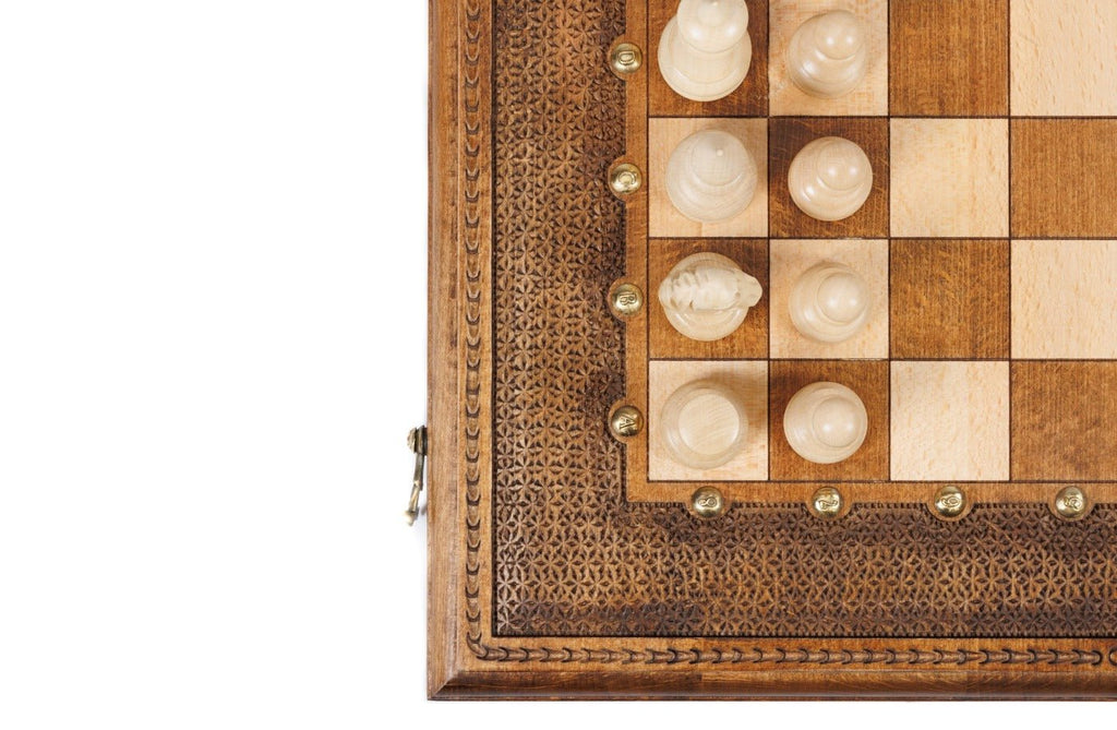 Warm beech wood chess and backgammon set with stippled carved border and scalloped inner frame — 19.7"