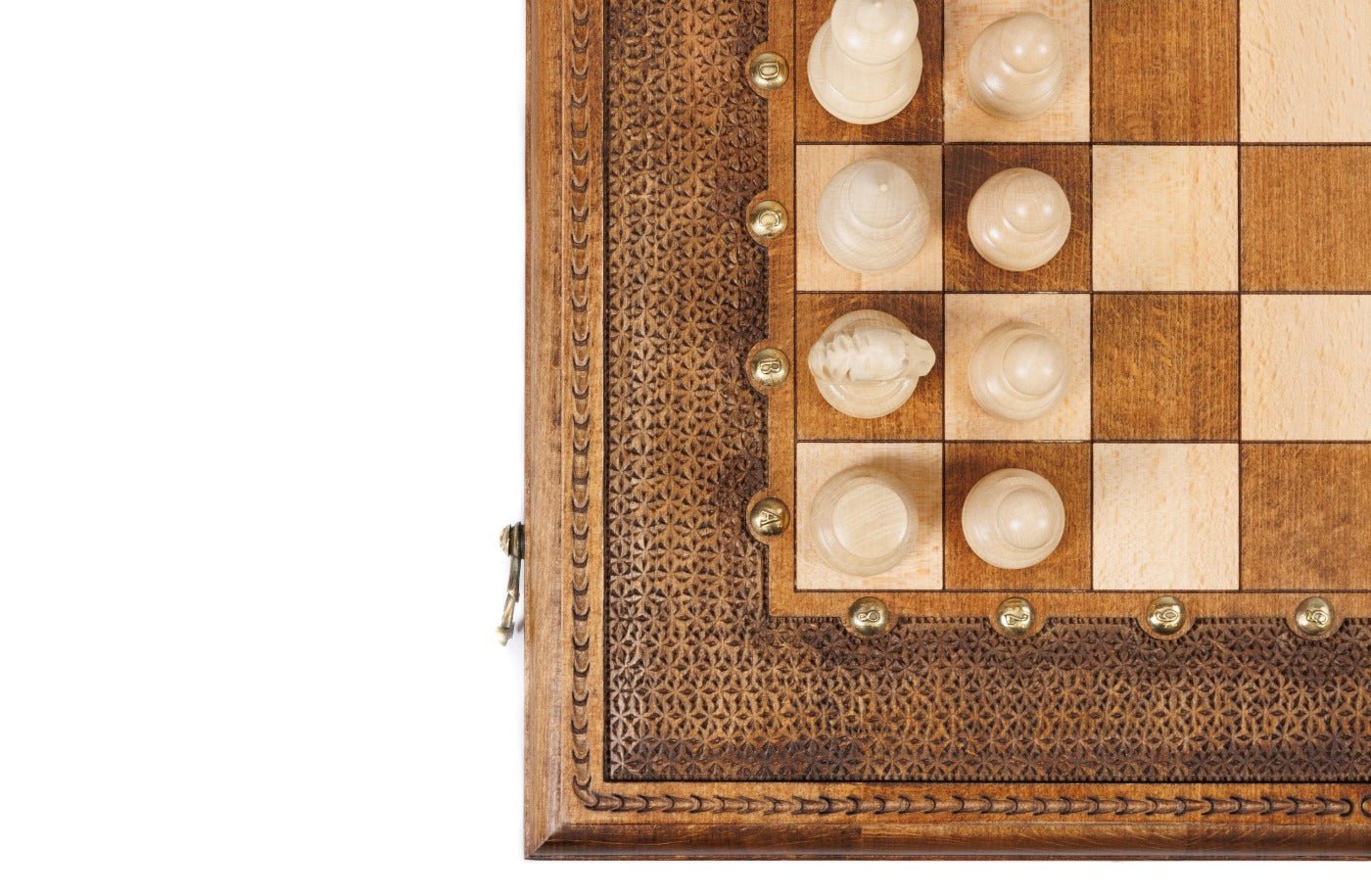 Warm beech wood chess and backgammon set with stippled carved border and scalloped inner frame — 19.7"